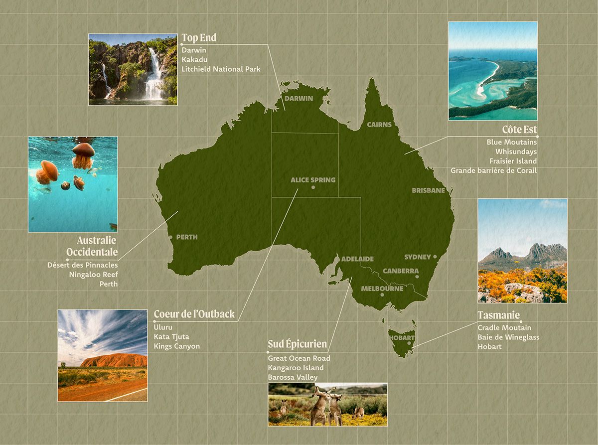 Carte des régions et incontournables, Australie
